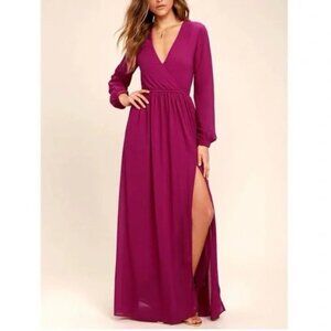 💖 Lulus Wondrous Water Lilies Magenta Pink Long Sleeve Slit Maxi Dress SMALL 💖